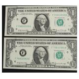 2- CONSECUTIVE $1 FED RESERVE NOTES