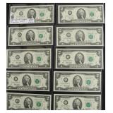 10 CONSECUTIVE SERIAL # 2 $ FEDERAL RESERVE NOTES