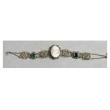 STERLING SILVER CAMEO AND EMERALD BRACELET