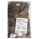 500 PLUS BAG OF MIXED PENNIES WHEAT, INDIAN, STEEL