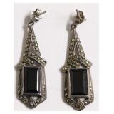 STERLING SILVER BLACK ONYX MARCACITE EAR RINGS