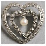 STERLING SILVER DOUBLE HEART AN D PEARL BROACH