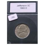 1983 D SUPURB GEM JEFFERSON NICKEL