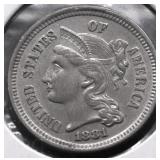 1881 CHOICE BU 3 CCENT PIECE