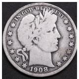 1908 D BARBER HALF DOLLAR VG