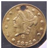 1871 CALIFORNIA GOLD 1/4 DOLLAR HOLE