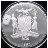 1993 ZAMBIA PROOF 250 KWACHA   5 OZ SILVER