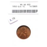 1950 S/S ANACS MS66 RED LINCOLN CENT