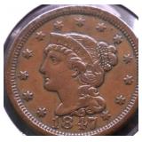 1847 LARGE CENT XF PQ