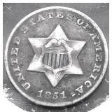 1851 O 3 CENT  SILVER XF