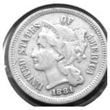 1881 3 CENT PIECE VF