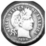 1908 BARBER DIME F