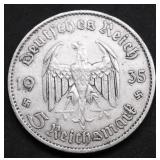 1935 NAZI GERMANY SILVER 5 MARKS XF POSTDAM CHURCH