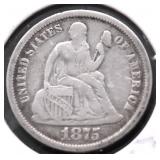 1875 S ABOVE SEATED DIME F