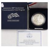 PROOF JAMESTOWN SILVER DOLLAR W BOX PAPERS