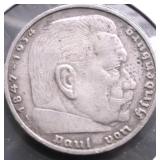 1938 NAZI GERMANY SILVER 5 MARKS XF