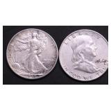 1 FRANKLIN/ 1 LIBERTY HALF DOLLARS