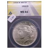 1924 ANACS MS61 PEACE DOLLAR