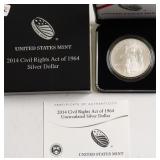 2014 PROOF CIVIL RIGHTS SILVER DOLLAR W BOX PAPERS