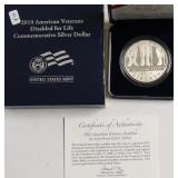 PROOF DISABLED VETS SILVER DOLLAR W BOX PAPERS