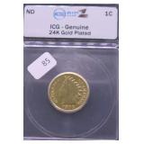 1903 GOLD PLATED INDIAN HEAD CENT ICG CERTIFIED