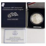 PROOF JAMESTOWN SILVER DOLLAR W BOX PAPERS