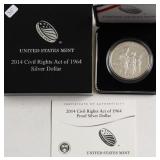 2014 CIVIL RIGHTS PROOF SILVER DOLLAR W BOX PAPERS