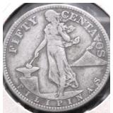 1908 US PHILIPPINES SILVER 50 CENTS XF