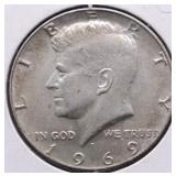 1969 D KENNEDY HALF DOLLAR AU