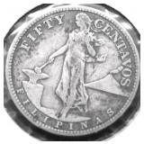 1907 US PHILIPPINES SILVER 50 CENTS