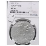 1991 D NGC MS70 KOREAN WAR SILVER DOLLAR