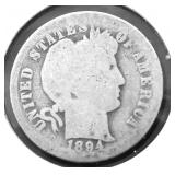 1894 O BARBER DIME AG KEY
