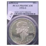 1993 S PCGS PF69DC JEFFERSON SILVER DOLLAR