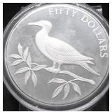 1985 BELIZE SILVER 50 DOLLARS PROOF 5 OZ .925