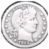 1913 D BARBER QUARTER VG