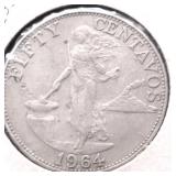 1964 US PHILIPPINES SILVER 50 CENTS XF