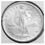 1944 D GEM BU US PHILIPPINES SILVER 20 CENTS
