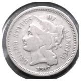 1867 3 CENT PIECE VF