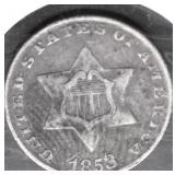 1853 SILVER 3 CENT PIECE VF