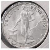 1945 D GEM BU US PHILIPPINES SILVER 20 CENTS