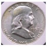 CHOICE BU 1957 D FRANKLIN HALF DOLLAR