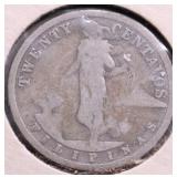 1908 US PHILIPPINES SILVER 20 CENTS VG