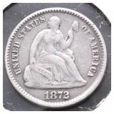 1872 SEATED HALF DIME VF