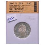2002 S  PROOF WASHINGTON QTR  SGS PR70 CAM