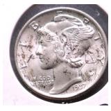 1937 GEM BU MERCURY DIME