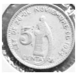 1945 GUATEMALA SILVER 5 CENTS  XF