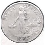 1958 US PHILIPPINES SILVER 50 CENTS XF