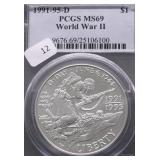 1995 D PCGS MS69 WW2 SILVER DOLLAR