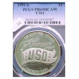 1991 S PCGS PF69DC USO SILVER DOLLAR