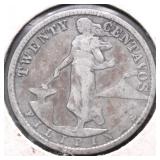 1920 US PHIPIPPINES SILVER 20 CENTS VF